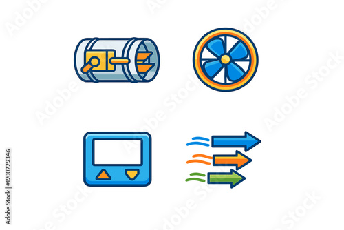 Icons representing air conditioning system components including a compressor, fan, control panel, and airflow indicators shown on a white background