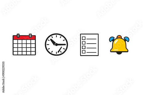 Calendar, clock, checklist, and bell icons on a white background showing time management and planning tools for daily tasks