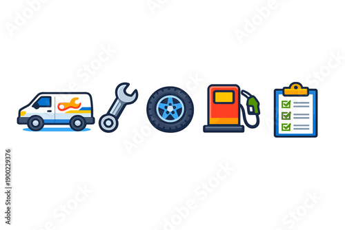 Van with tools, tire, fuel pump, and checklist for vehicle maintenance in a garage setting