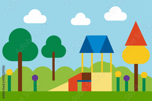 Playground Surrounded by Trees and Flower Beds