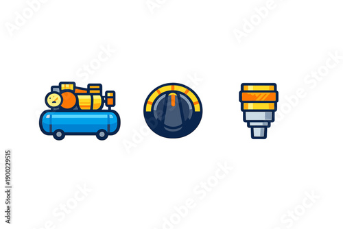 Different elements of tools for a workshop setting including a compressor, a gauge, and a nozzle for various tasks related to maintenance and repair