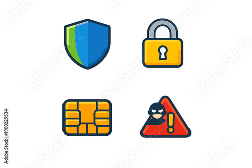 Symbols of online security and protection for users in a digital environment featuring a shield, padlock, chip card, and warning sign