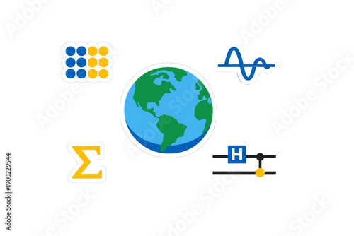 Symbols related to science and mathematics surround a globe in a simple design that shows the connection between subjects and the Earth