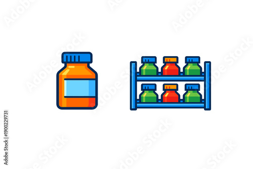 Bright colored medicine bottles sit on a shelf next to a single bottle on a white background in a store or pharmacy during daylight hours