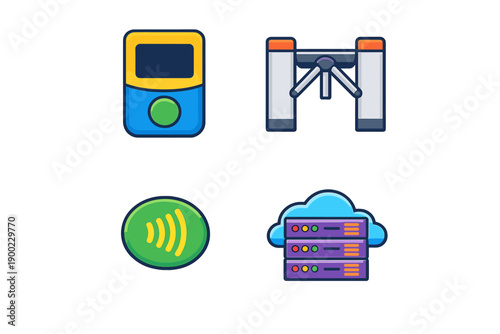Icons showing technology related to access control, data management, and communication in a digital environment
