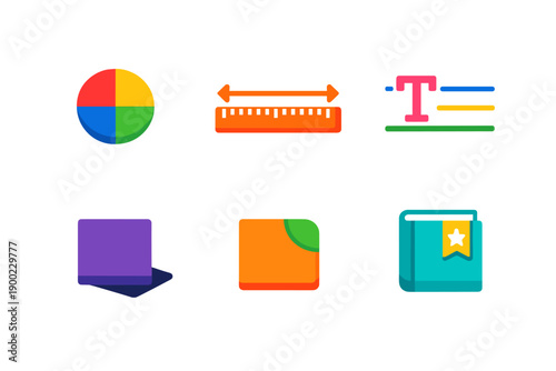 Colorful icons represent tools for design work showing components like color picker, ruler, text editor, shapes, and book symbol for references