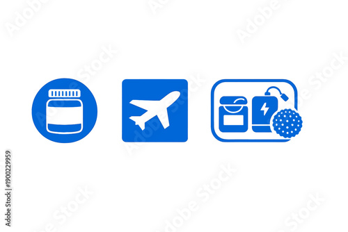 Icons representing medical supplies, air travel, and safety equipment displayed in a simple layout on a white background during daytime