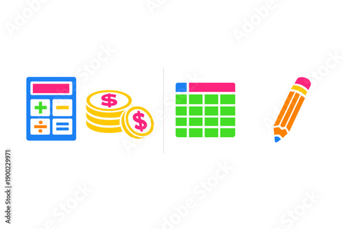 Calculating finances with tools like a calculator, coins, a spreadsheet, and a pencil in a simple setup