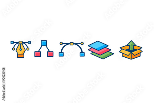 Graphic design icons showing different tools for creating vector art and manipulating shapes in a digital workspace
