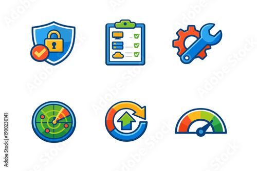 Security icons showing protection, checklist, settings, radar, refresh, and status display for digital systems and applications