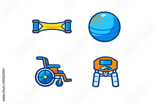 Set of sports and fitness equipment featuring a resistance band, exercise ball, wheelchair, and scoreboard used for various activities