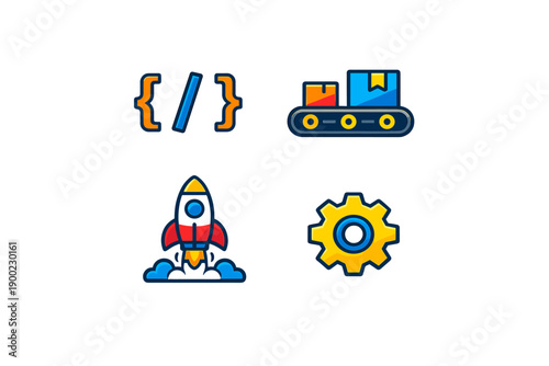 Icons of technology showing coding, conveyor belt with boxes, rocket launch, and gear design for digital projects and automation