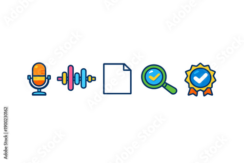 Various elements representing different activities including audio recording, weightlifting, paperwork, searching, and quality assurance display in a simple layout
