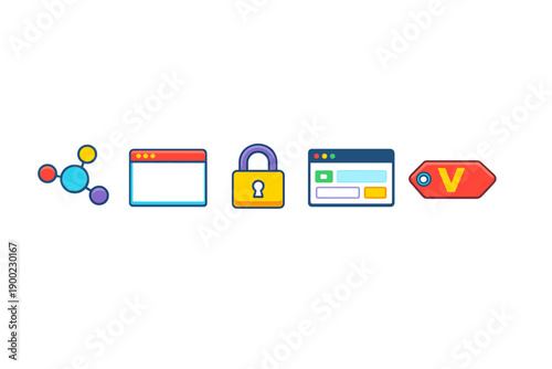 Various icons showing different web activities like data structure, browser use, security, and website functionality in a digital setting