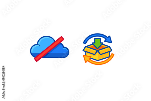 Cloud storage icon with a cross mark and a box with arrows indicating downloading and uploading actions represented in a simple graphic design