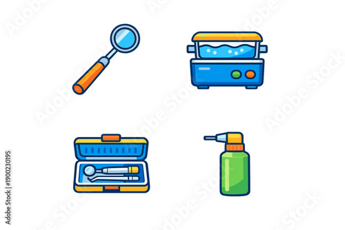 Tools used in dental care on a clean background ready for a dental appointment or procedure with items organized and visible for use