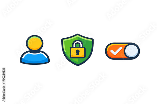 Icons showing a user, a shield with a padlock, and a toggle switch used for digital security and identity protection in online environments