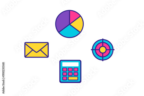 Different symbols show data analysis tools like graphs, charts, emails, and calculations in a digital format