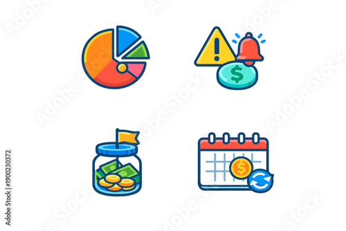 Different financial icons show pie chart, alert symbol, money jar, and calendar with money symbol representing budgeting, savings, and financial planning tasks