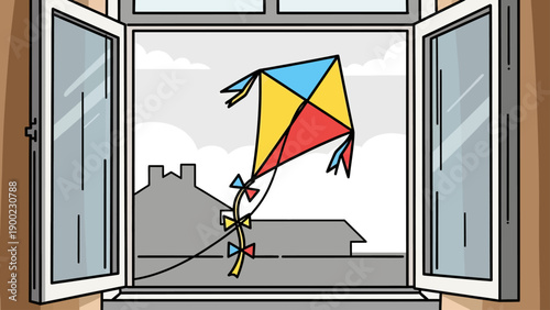 A colorful kite flies outside an open window. Buildings and clouds visible. Vector illustration