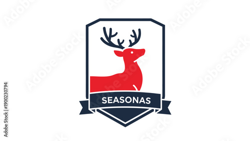 A red deer silhouette inside a navy blue framed emblem with banner "SEASONAS