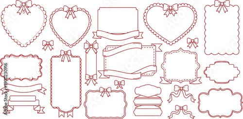 Set of vintage labels and frames with pink lace borders and cute heart patterns for retro wedding invitation sticker designs