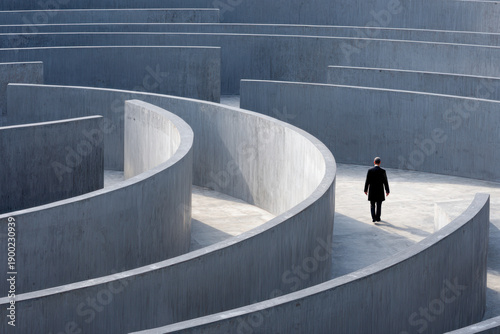 Man in a dark suit navigating through large empty modern concrete maze maze symbolizing challenge and decision making in a minimalistic architectural environment