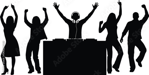 Silhouette DJ and Dancing Crowd in Nightclub Party Scene with Music, Energy, Fun, Celebration, Rhythm, Entertainment, Dance Floor Vibes