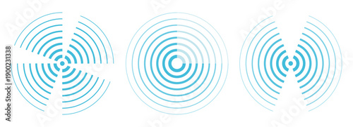 Radar icons. Radial wave telecommunication. Radio circle, sonar shapes. Vector