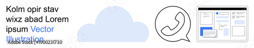 Cloud computing, online communication, customer service, remote work, user interface design, messaging tools. A cloud icon, phone symbol and user interface. Cloud computing and online communication