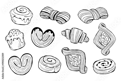 Collection of hand-drawn sweet pastry of different types isolated on white background. Vector stylized line art elements for menu, recipes, food or bakery advertising. Sketch illustration of desserts.