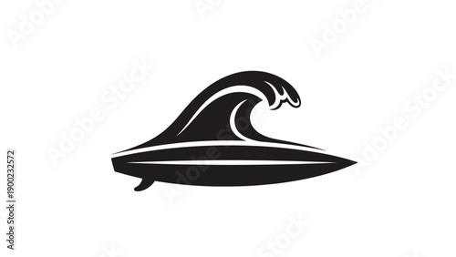 Black and white illustration of a wave and surfboard. Simple design for surfing