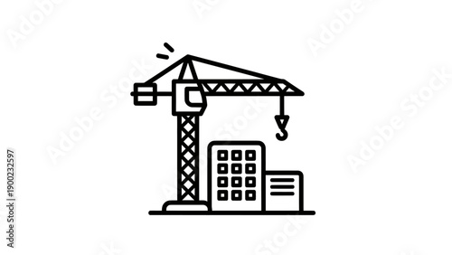A black and white line art illustration of a construction site