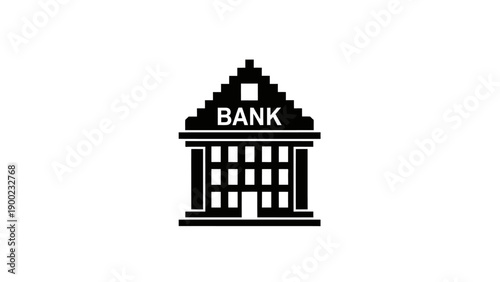 Black and white pixelated illustration of a building, identifying the word BANK above the structure