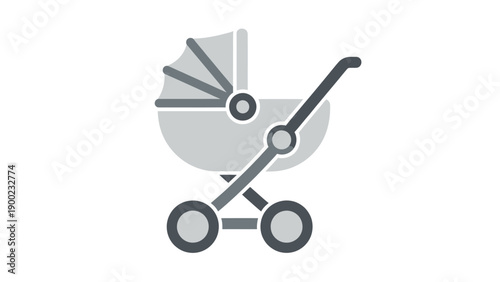 A gray and dark gray stylized stroller icon on a white background