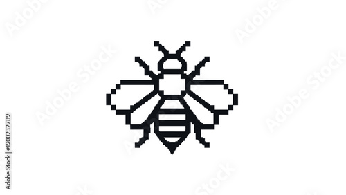 Pixelated graphic of a bee with body stripes, wings, and antennae on a white background