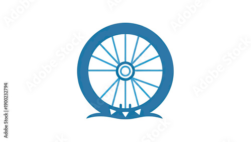 Blue wheel illustration on white. Base has decorative shapes. Spokes connect outer ring and center