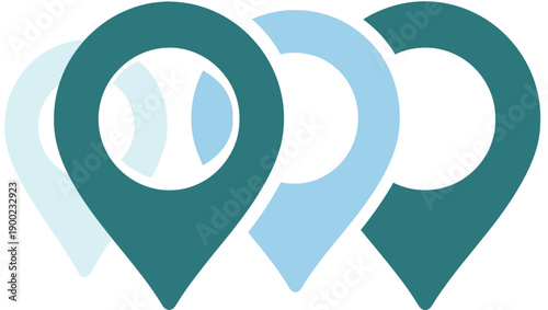 Abstract graphic of overlapping location markers in shades of blue-green on white