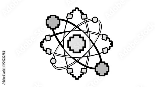 A stylized atom model illustration with pixelated components and orbital paths