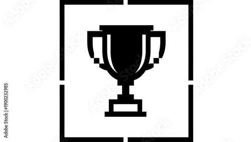 Black pixelated trophy icon, framed in a white square, set in a larger black outline
