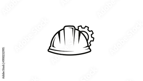 Black and white illustration of a construction helmet with a gear symbol. Simple design