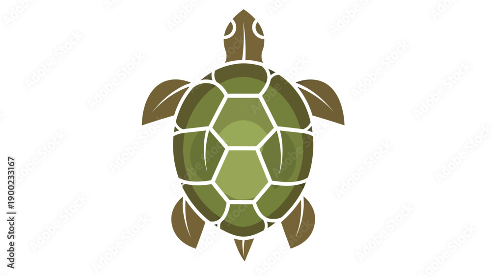 Obraz premium A stylized sea turtle illustration, featuring layered shades of green and brown on a white background