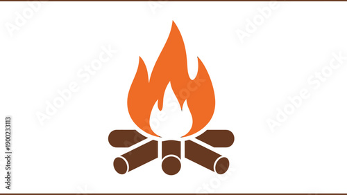 Vector graphic of a campfire with orange flames atop brown logs, set against a white backdrop