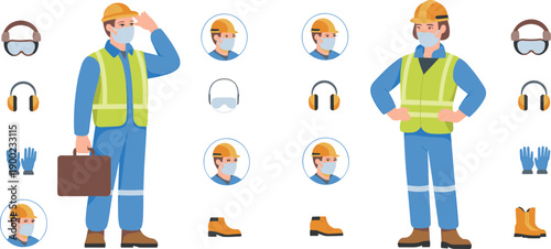 Construction worker personal protective equipment illustration set showing safety helmet gloves boots mask goggles headphones for industrial workplace vector design