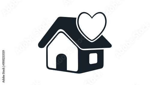 A house icon with a heart above it, in black and white, representing home and love