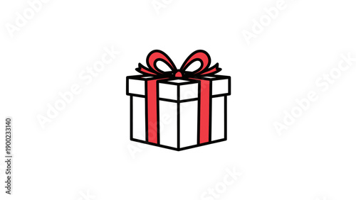 A white gift box with red ribbon and bow, outlined in black, set against a blank white backdrop