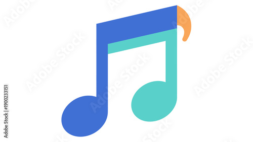 A stylized musical note with blue, teal, and orange geometric shapes on a white background