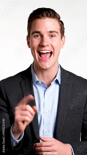 Young Businessman Talking Directly to Camera With Animated Gestures Against White Background