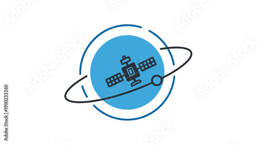 Vector graphic of a satellite orbiting a blue sphere with orbital path lines