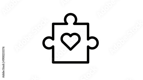 A puzzle piece, black outline, containing a heart shape within, on a white background
